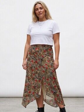 Women's Size Small Statement Skirt Poppy & Leopard Print Midi‎ Skirt Cotton Silk